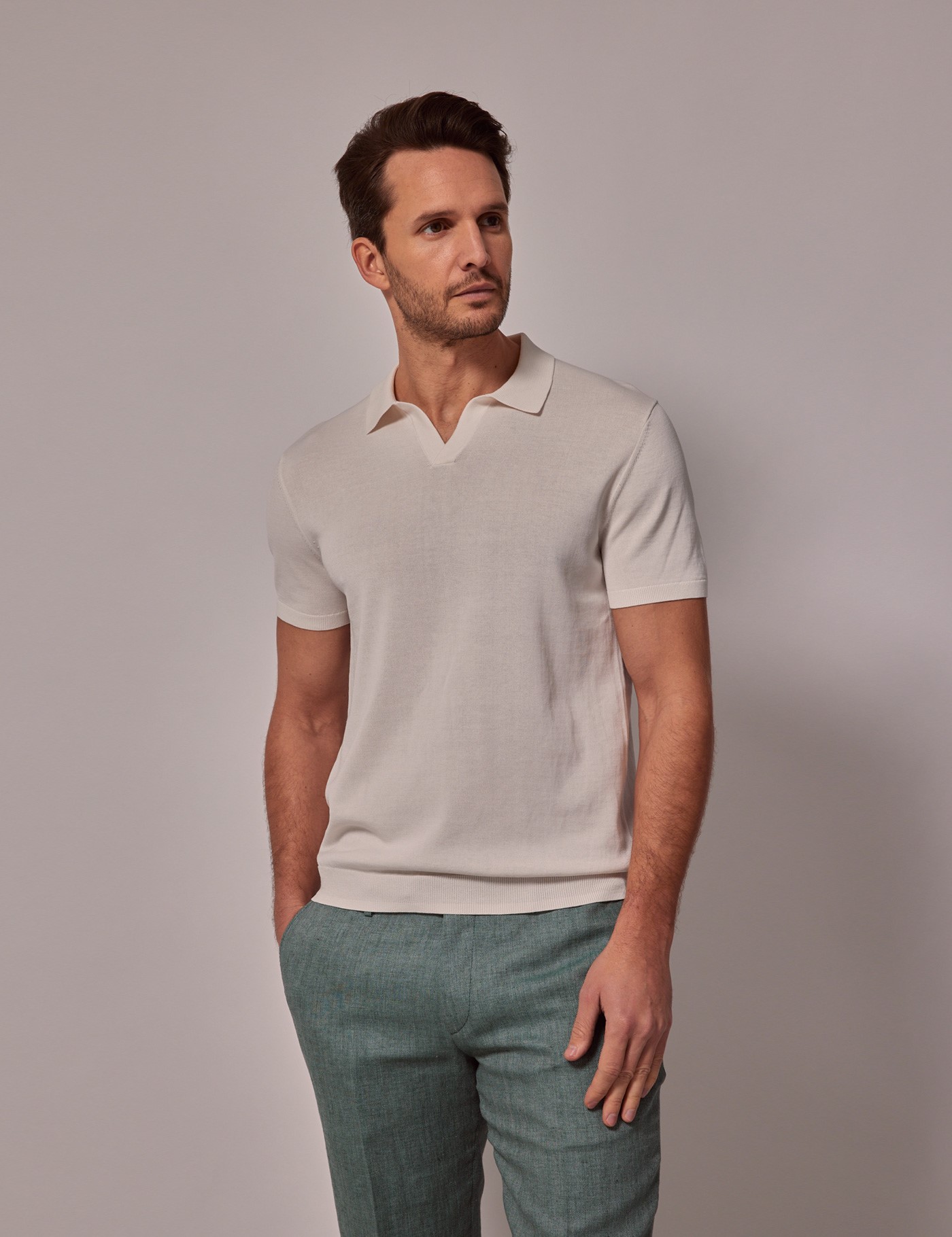 & Slim Fit Open Collar Knitted Polo Shirt