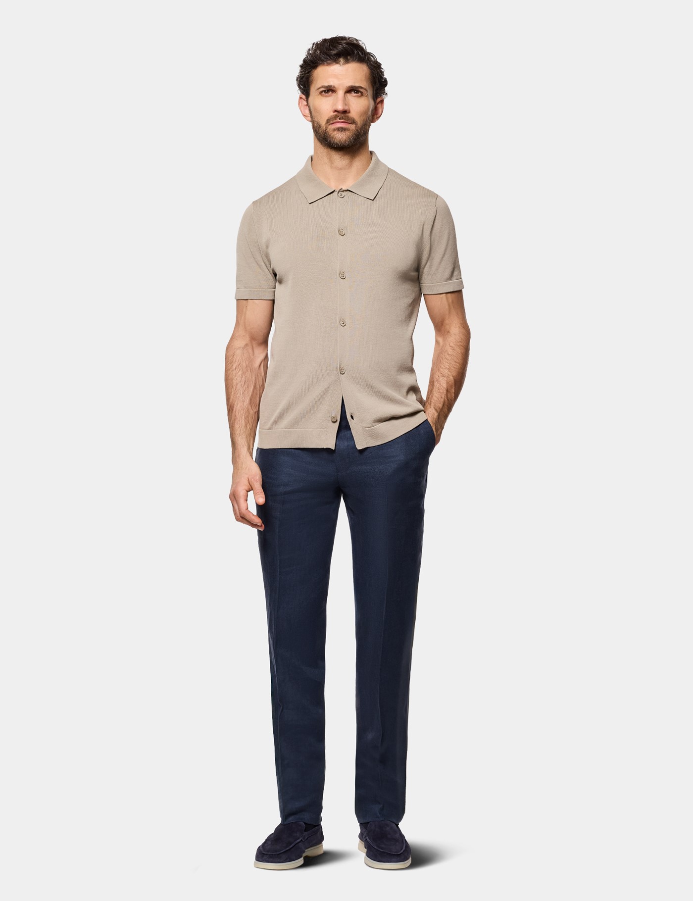 Hawes & Curtis Taupe Premium Button Through Knitted Polo Shirt Size: Large image 2