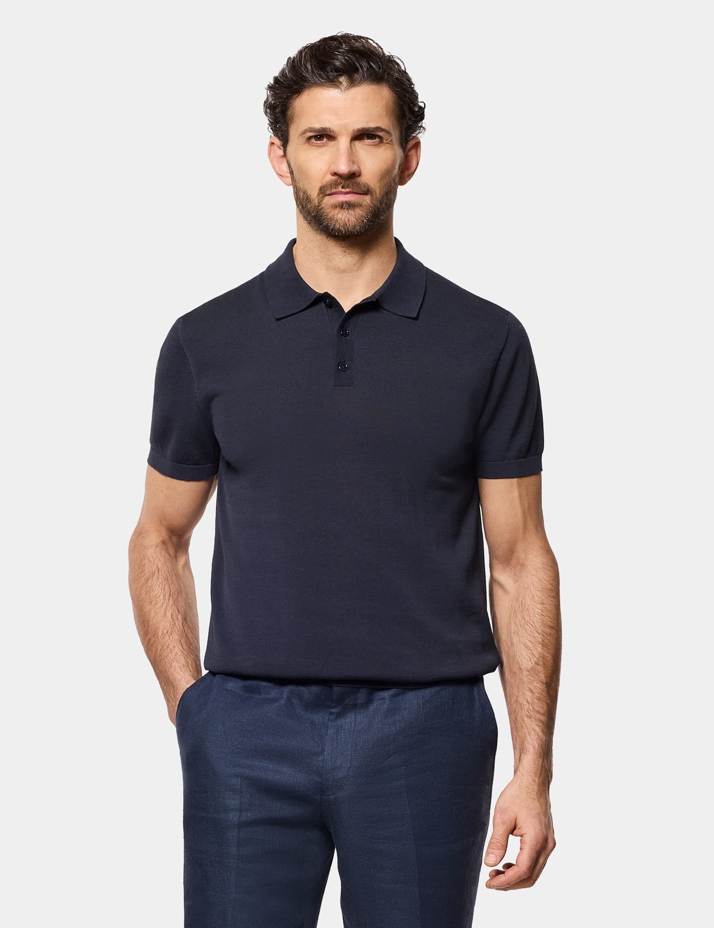 & Slim Fit Midnight Knitted Polo Shirt