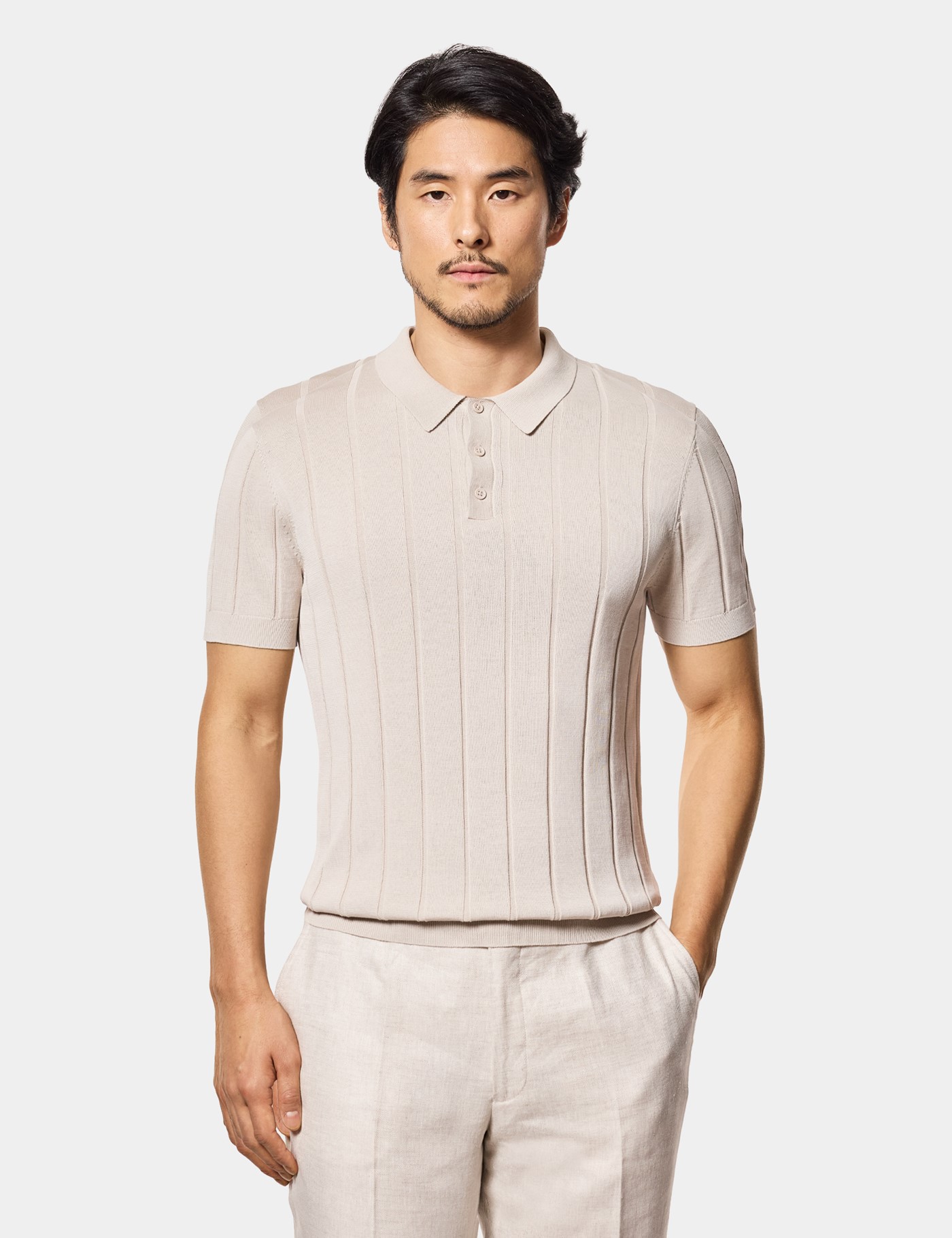 & Slim Fit Light Inverted Rib Knitted Polo Shirt