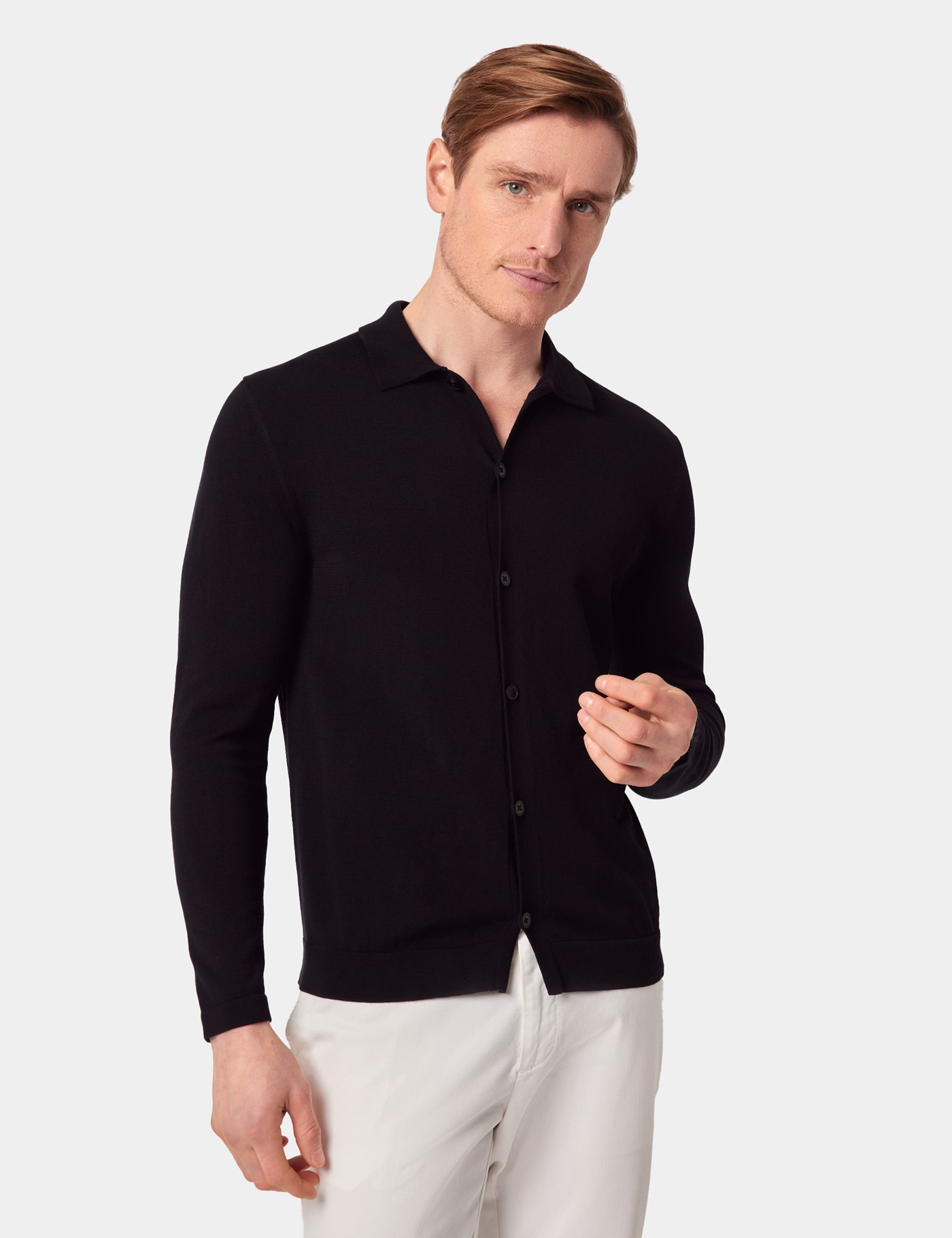 Hawes & Curtis Black Button Through Knitted Polo Shirt | Long Sleeve Size: XXL