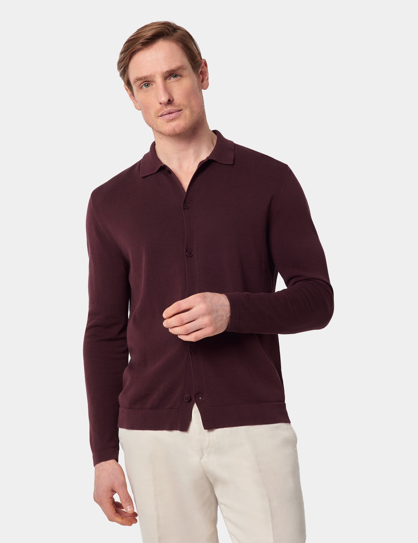 Hawes & Curtis Burgundy Button Through Knitted Polo Shirt | Long Sleeve Size: XL