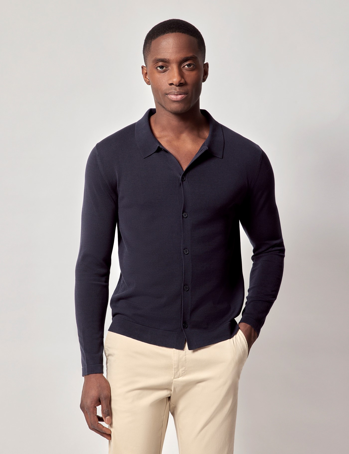 Hawes & Curtis Midnight Blue Button Through Knitted Polo Shirt | Long Sleeve Size: XXL
