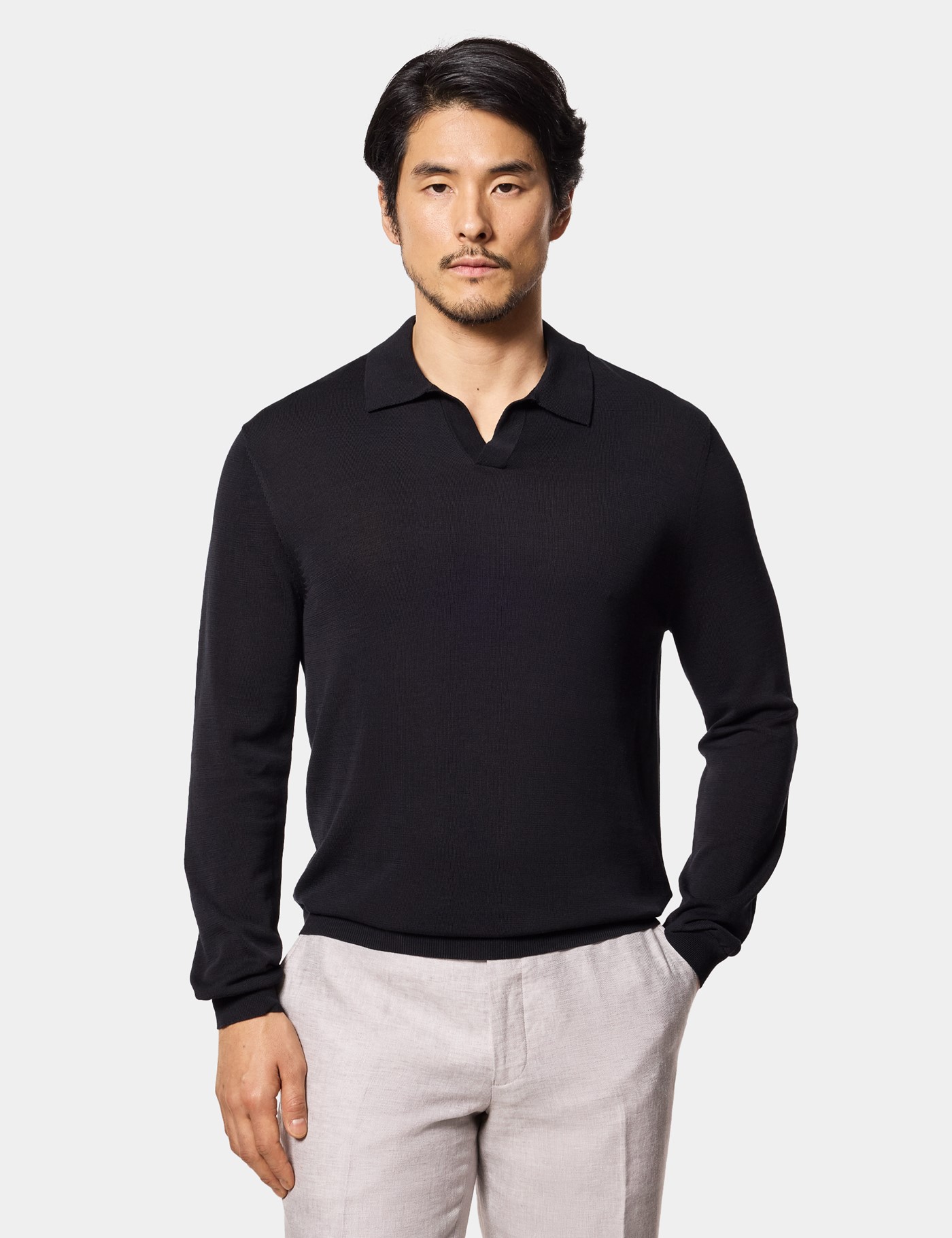 Hawes & Curtis Black Premium Knitted Polo Shirt | Long Sleeve Size: XL
