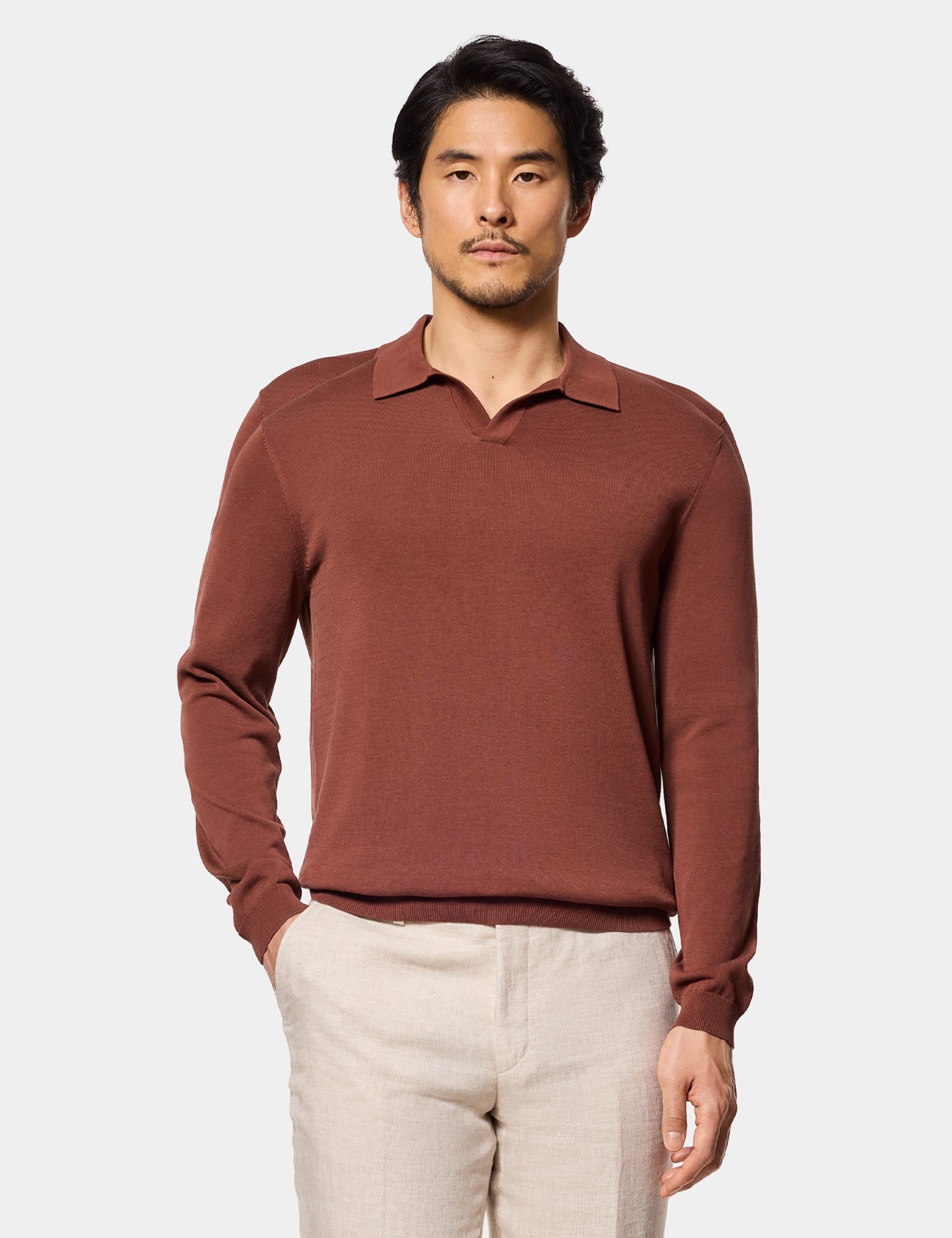 & Slim Fit Open Collar Knitted Polo Shirt Long Sleeve