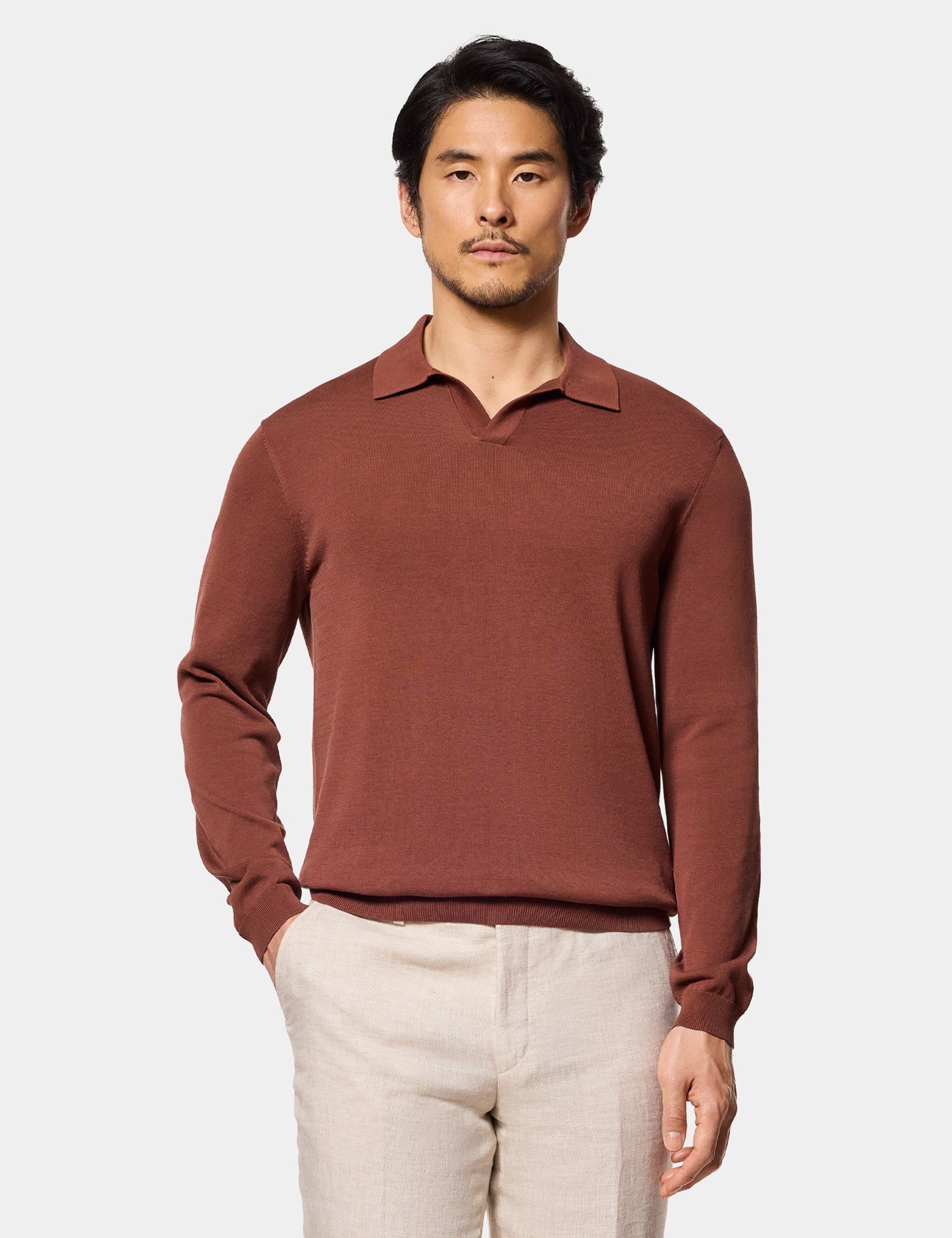 Hawes & Curtis Tobacco Premium Knitted Polo Shirt | Long Sleeve Size: XXL