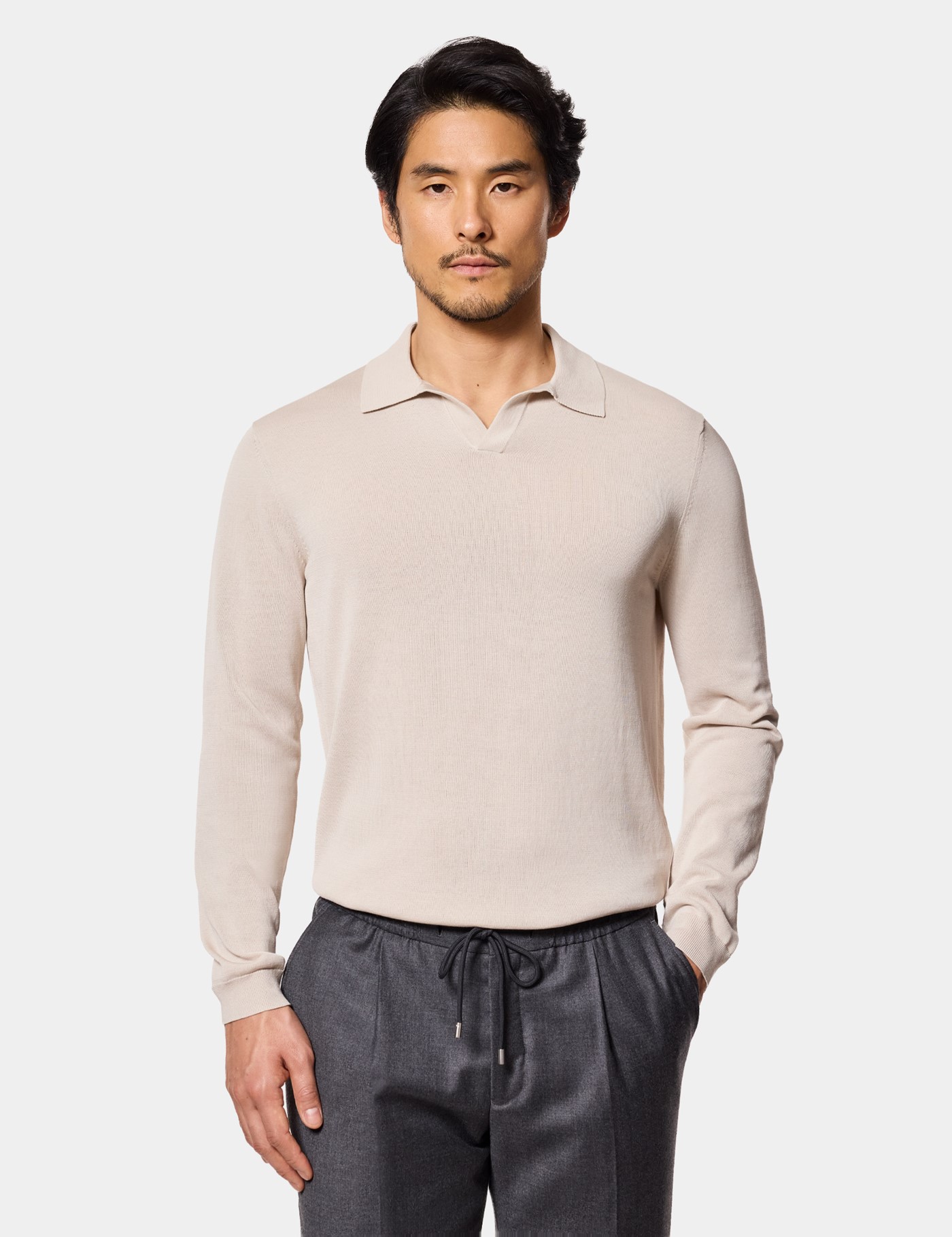 Hawes & Curtis Light Taupe Premium Knitted Polo Shirt | Long Sleeve Size: XL
