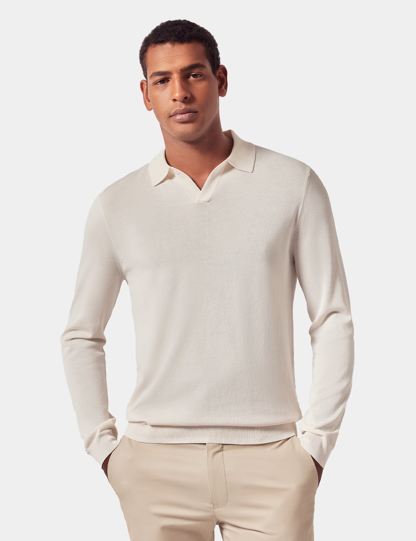 & Slim Fit Open Collar Knitted Polo Shirt Long Sleeve
