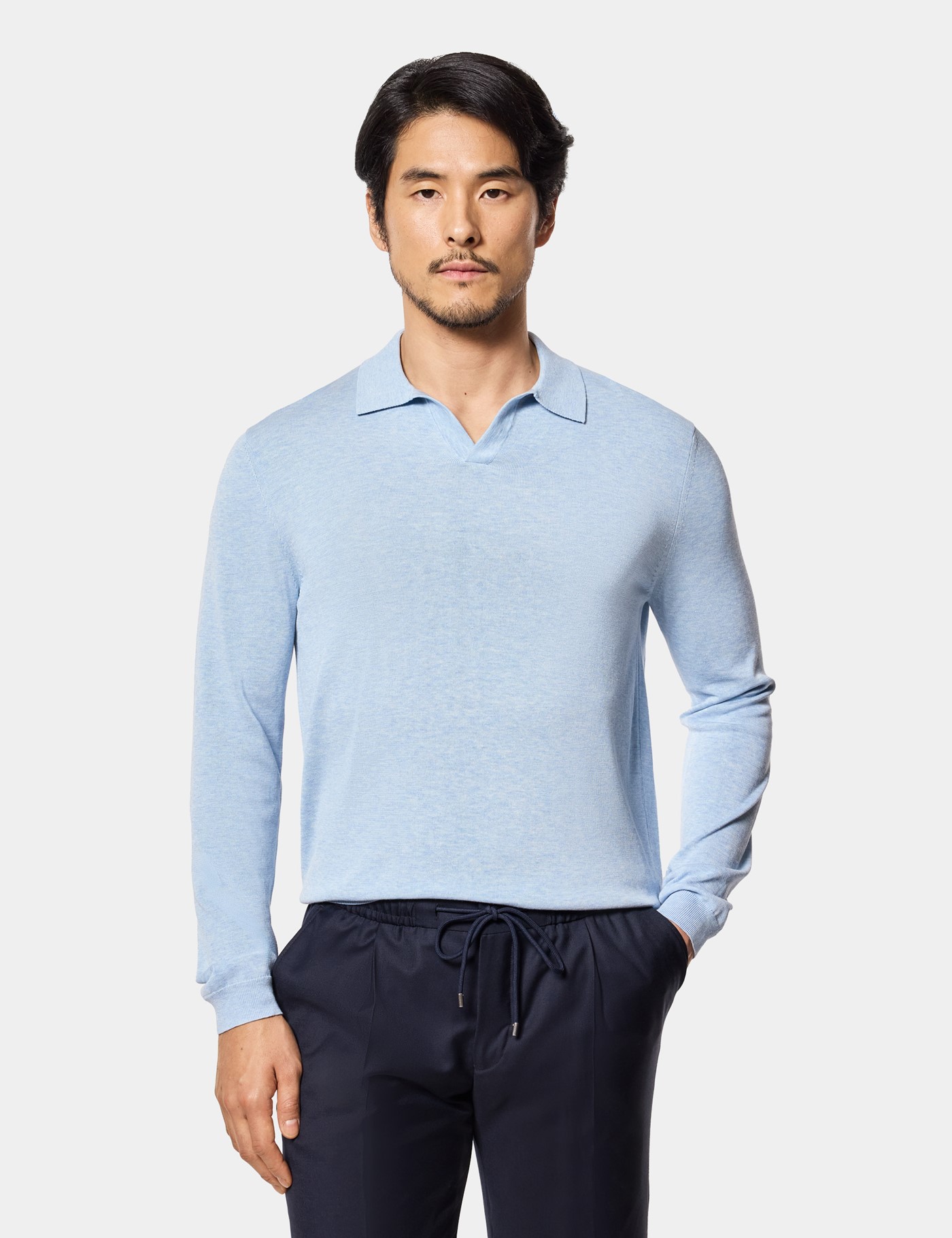 Hawes & Curtis Pale Blue Premium Knitted Polo Shirt | Long Sleeve Size: Small
