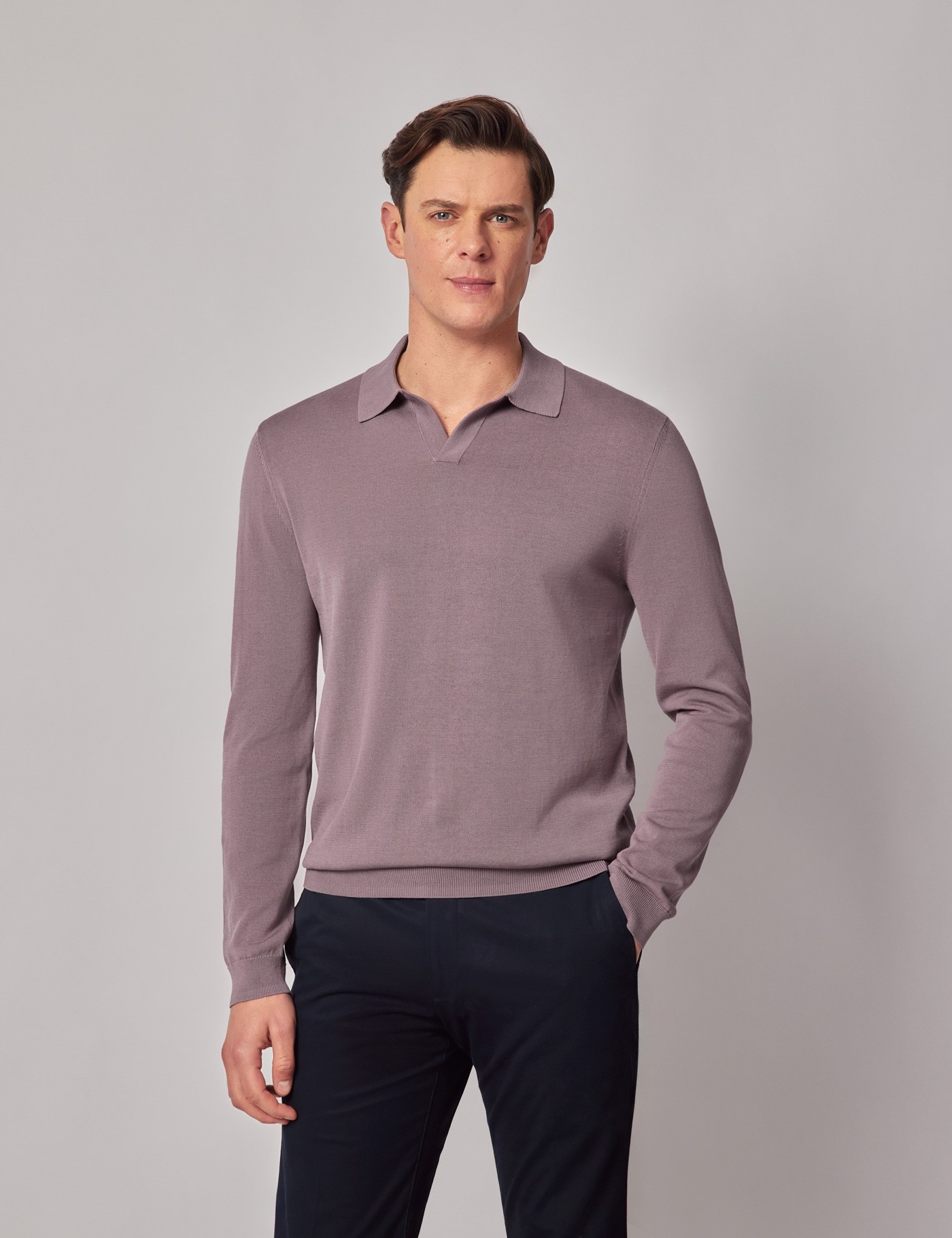 & Slim Fit Dusty Open Collar Knitted Polo Shirt Long Sleeve