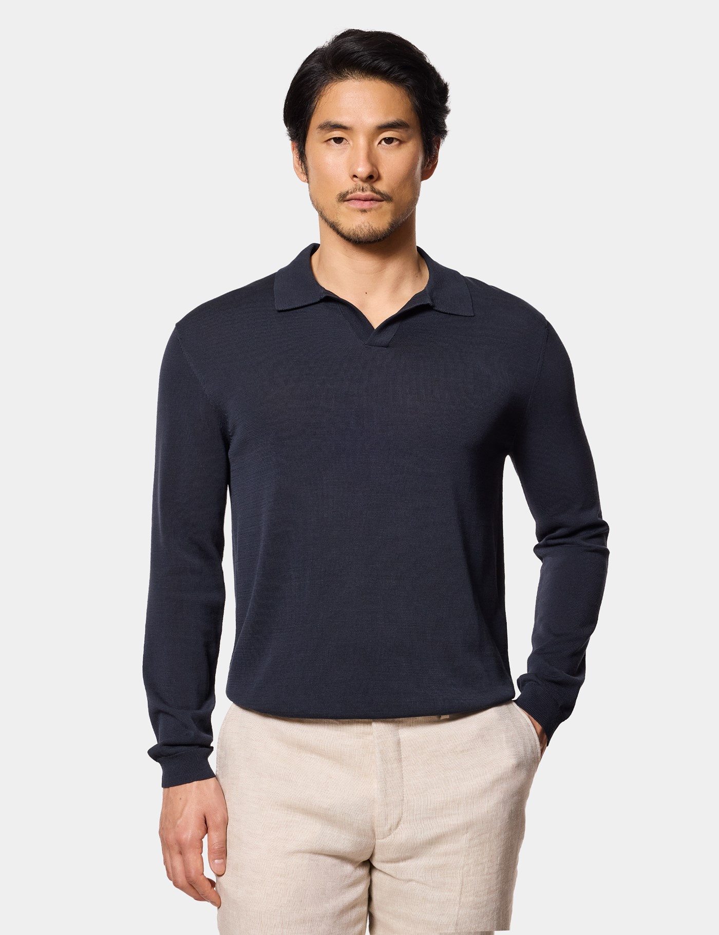 Hawes & Curtis Midnight Navy Premium Knitted Polo Shirt | Long Sleeve Size: Large
