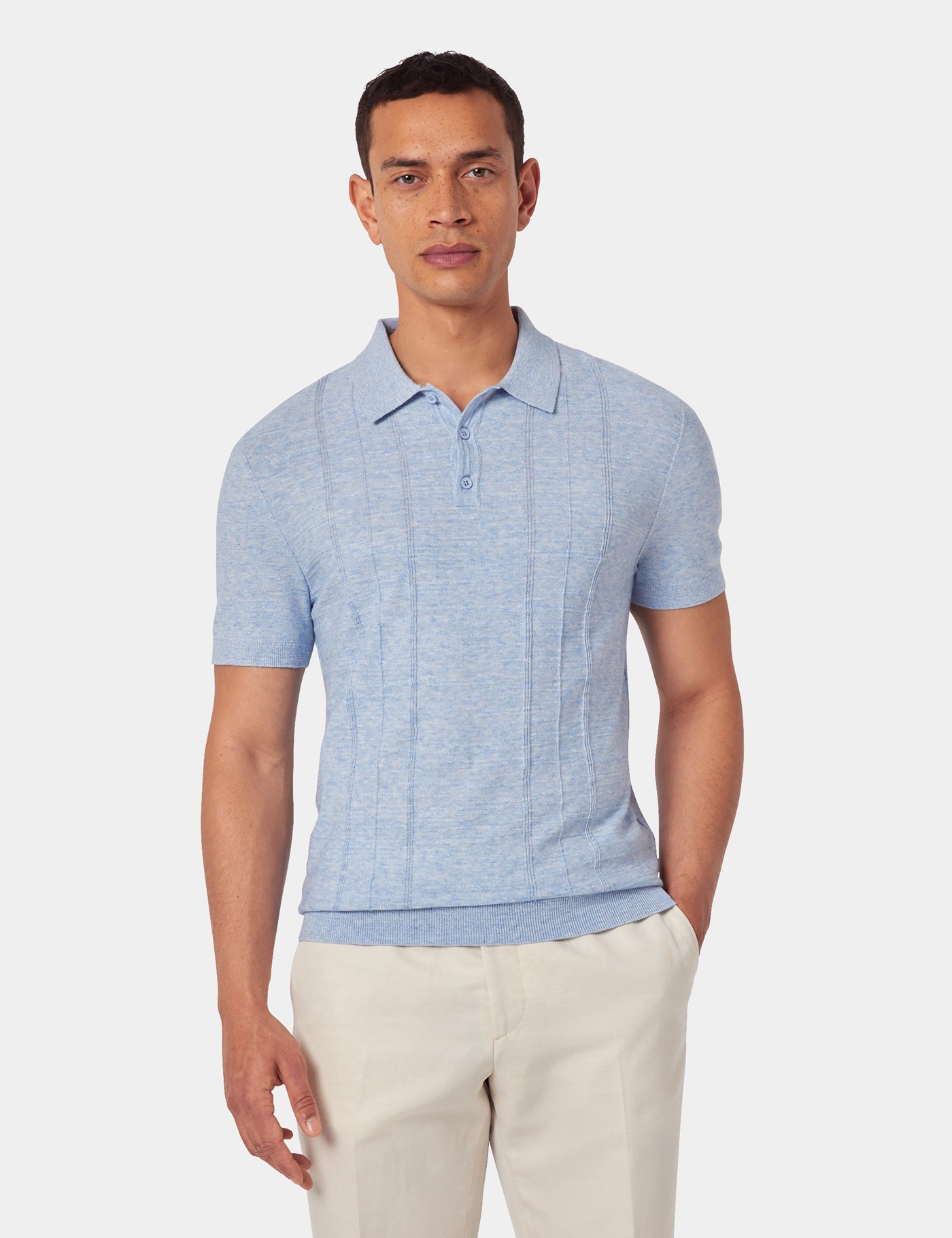 & Slim Fit Cornflower Melange Stripe Knitted Polo Shirt