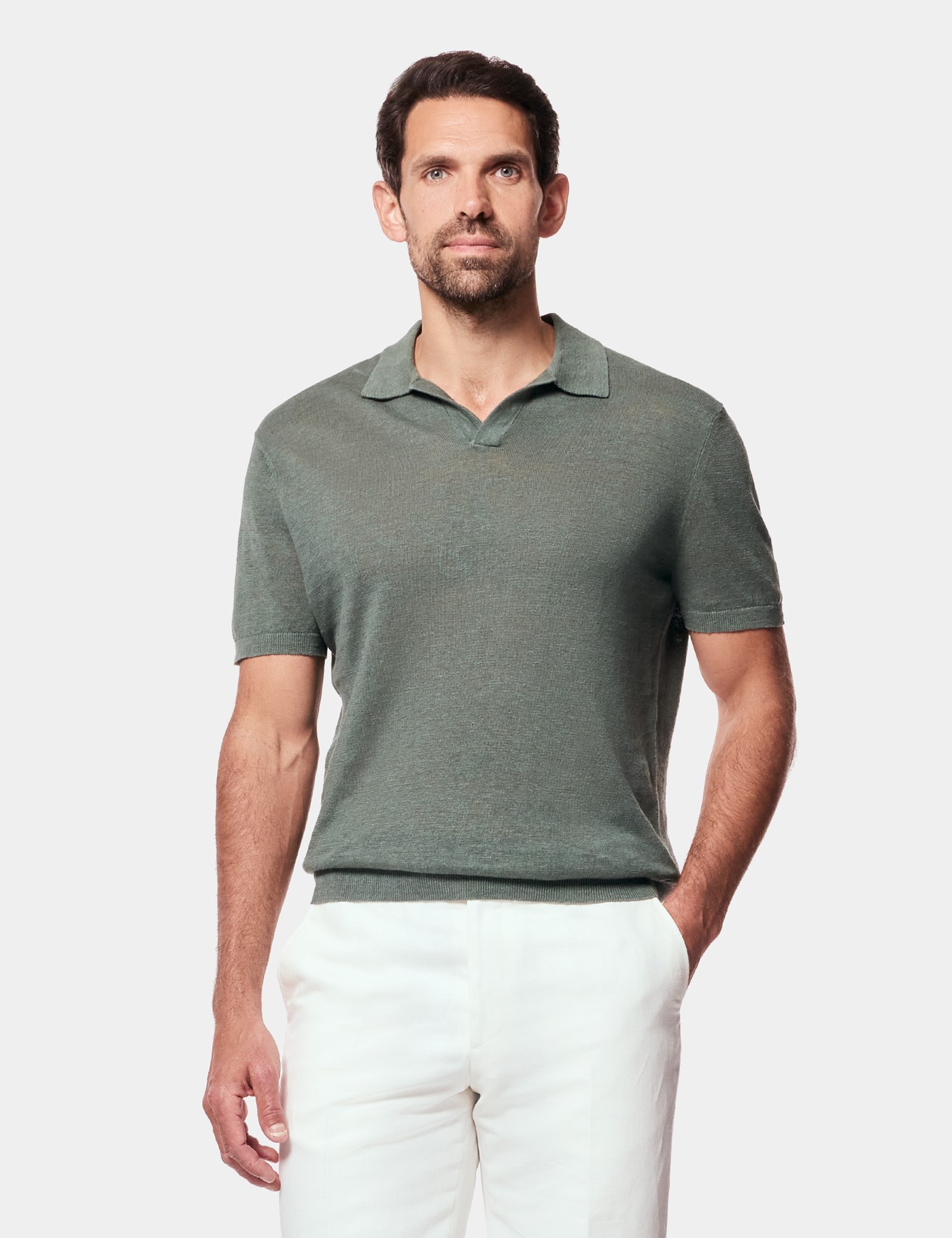 Hawes & Curtis Green Premium Knitted Linen Polo Shirt Size: Medium
