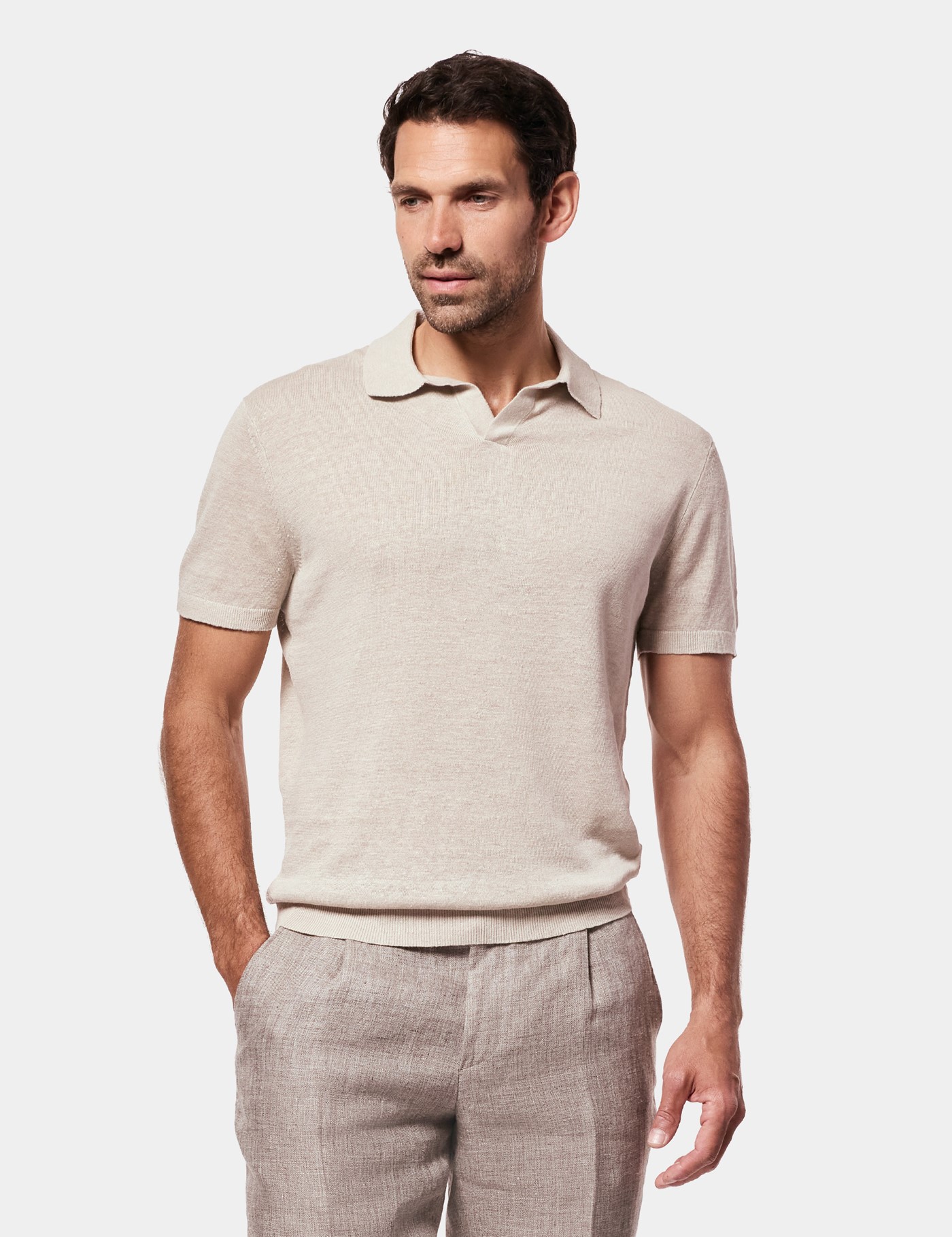 Hawes & Curtis Beige Premium Knitted Linen Polo Shirt Size: Small