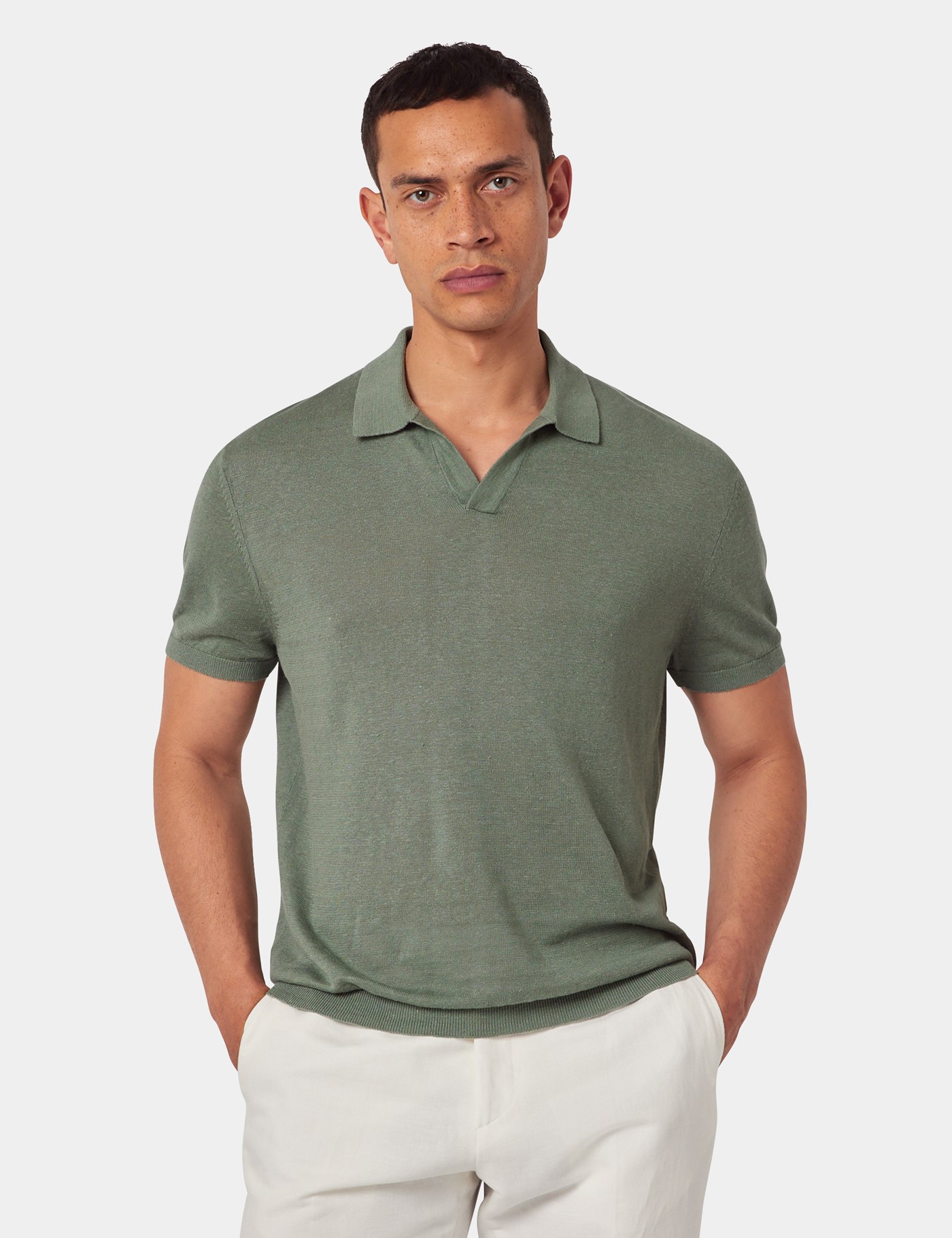 & Slim Fit Dark Sage Open Collar Polo Shirt
