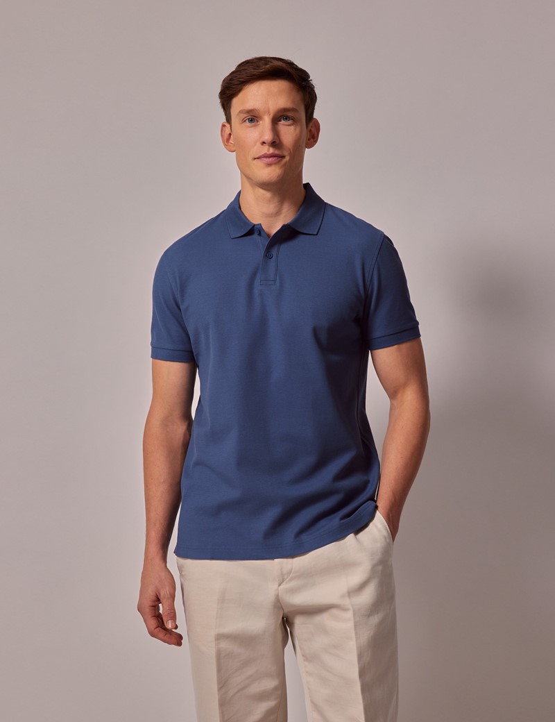 Men's Mid Blue Mercerised Cotton Polo Shirt - Short Sleeve | Hawes and ...