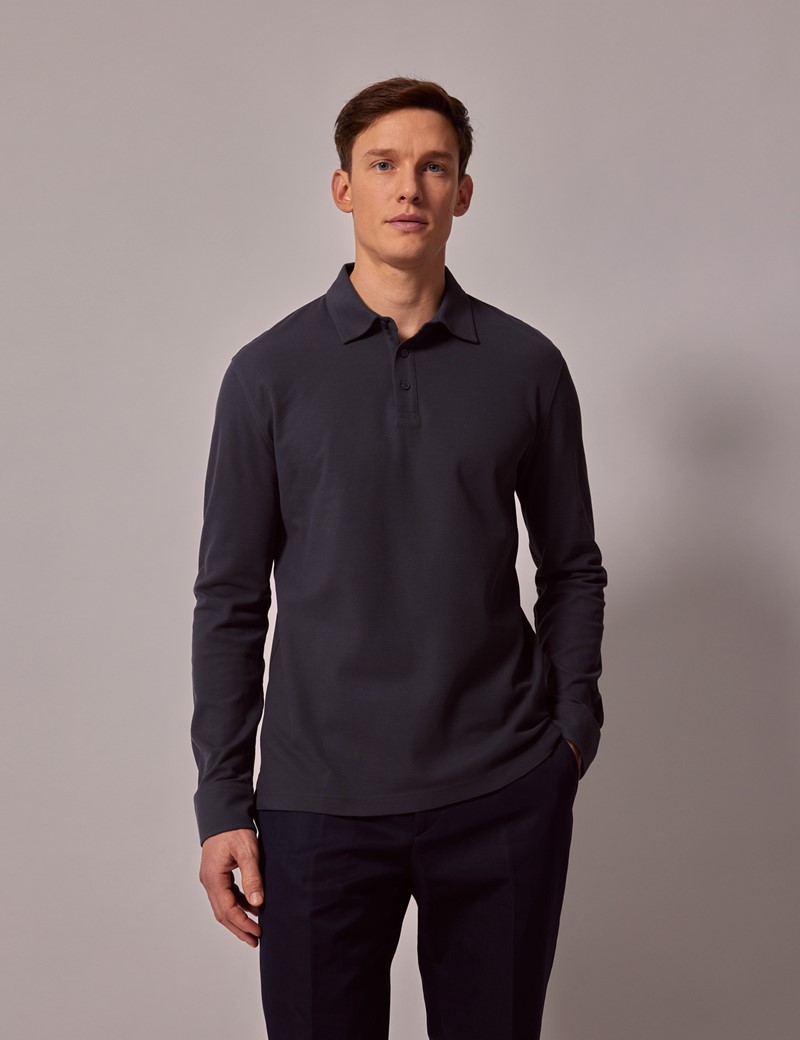 Men's Charcoal Mercerised Cotton Long Sleeve Polo Shirt | Hawes and Curtis