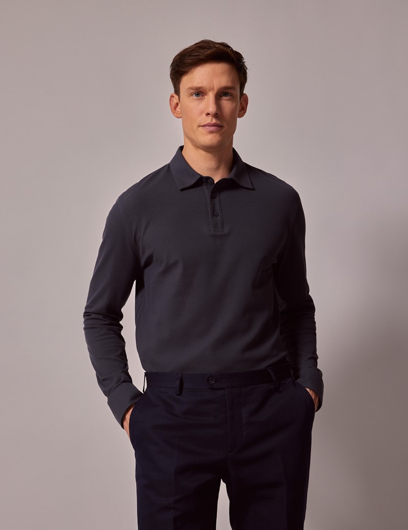 Mens Charcoal Mercerised Cotton Long Sleeve Polo Shirt Hawes And Curtis 7342