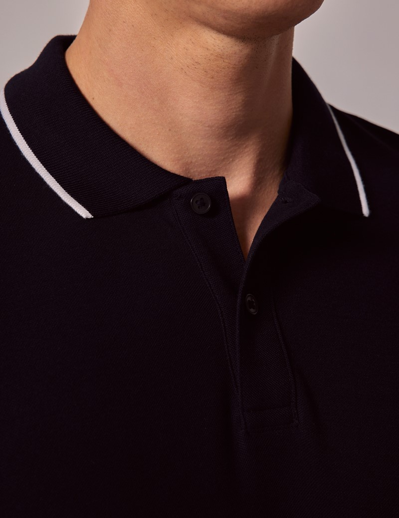 Premium Navy Cotton Striped Half Sleeve Polo