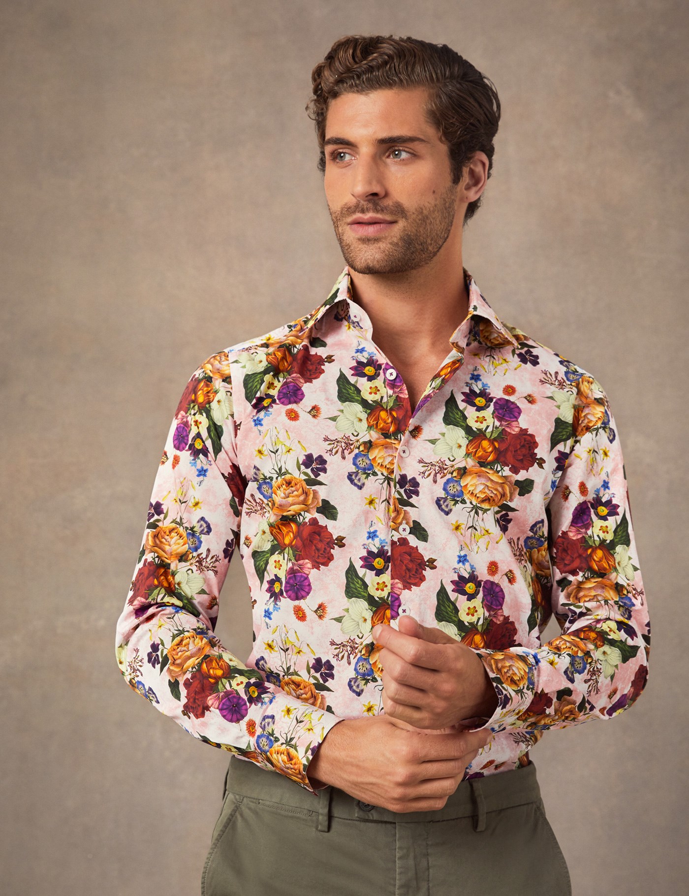 Men's Curtis Pink & Red Floral Slim Fit Shirt - Single Cuff | Hawes ...