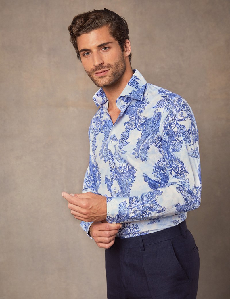 Men's Curtis Blue Faded Paisley Slim Fit Shirt - Single Cuff | Hawes ...