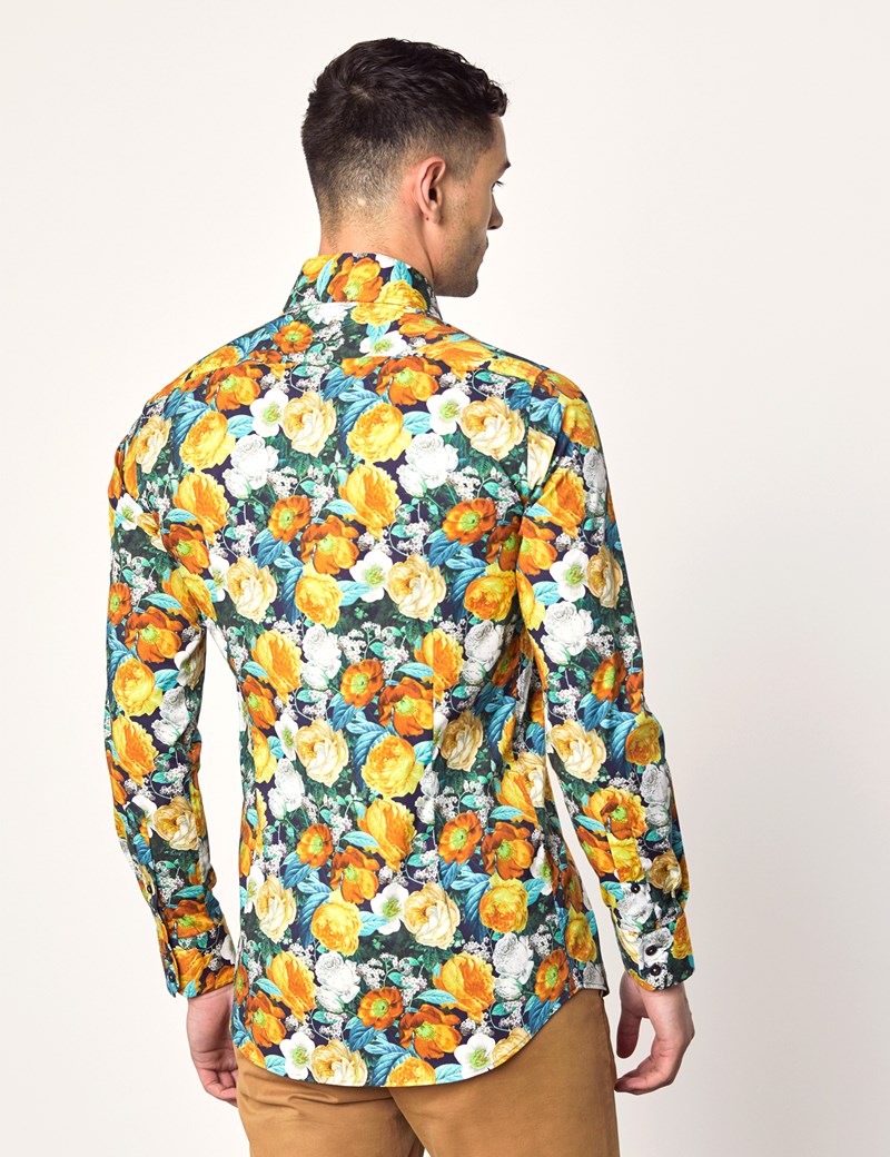 Men's Curtis Black & Orange Floral Slim Fit Shirt - Single Cuff | Hawes ...