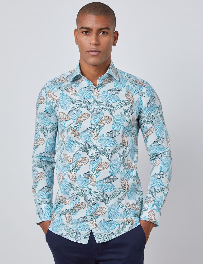 Men’s Curtis White & Teal Floral Slim Fit Shirt - Single Cuff | Hawes ...