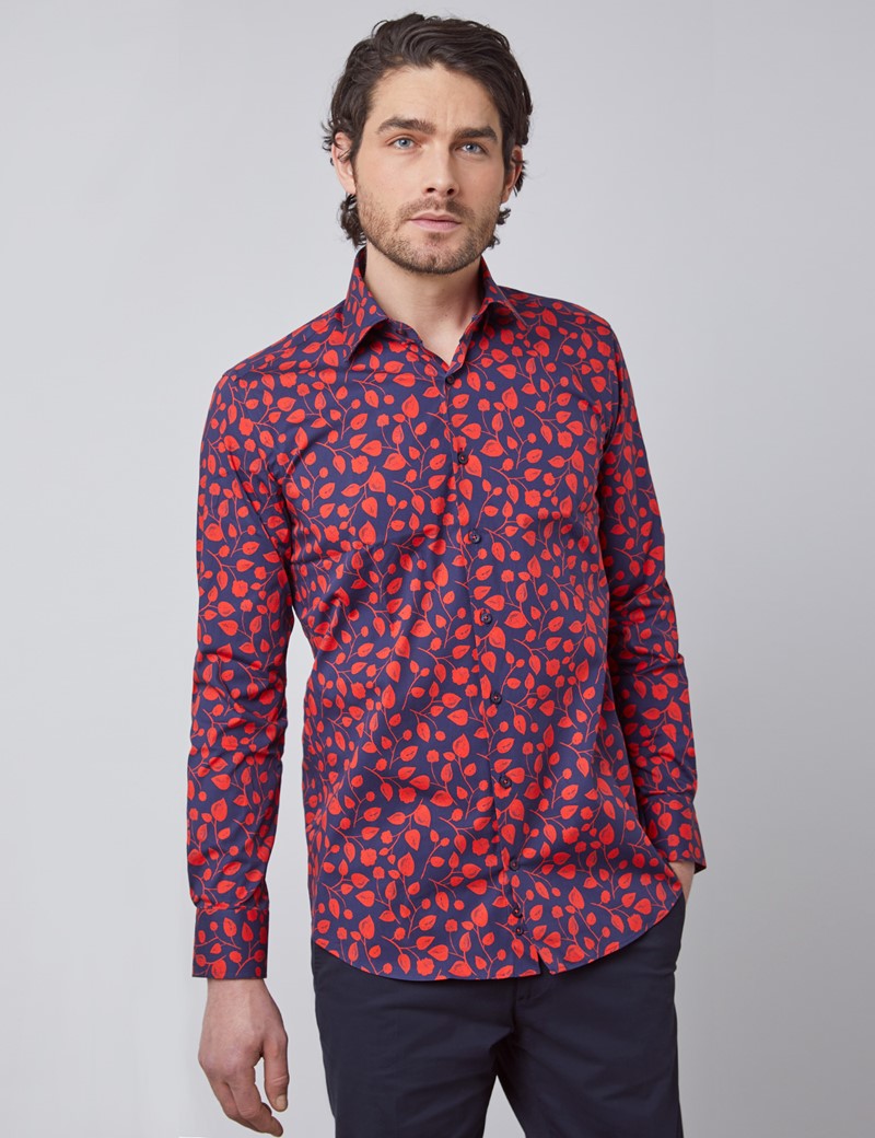 Floral Printed Slim Fit Shirt with Single Cuff in Navy & Red Hawes