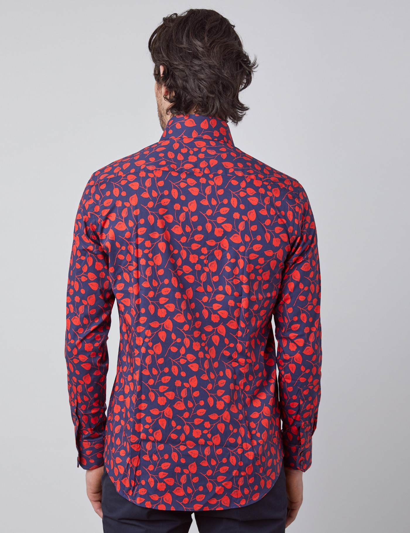 Floral Printed Slim Fit Shirt with Single Cuff in Navy & Red | Hawes ...