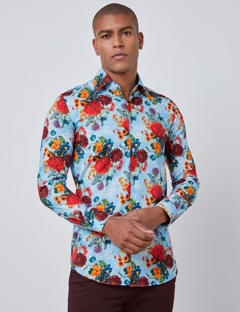 Men’s Curtis Blue & Red Floral Slim Fit Shirt - Single Cuff | Hawes ...