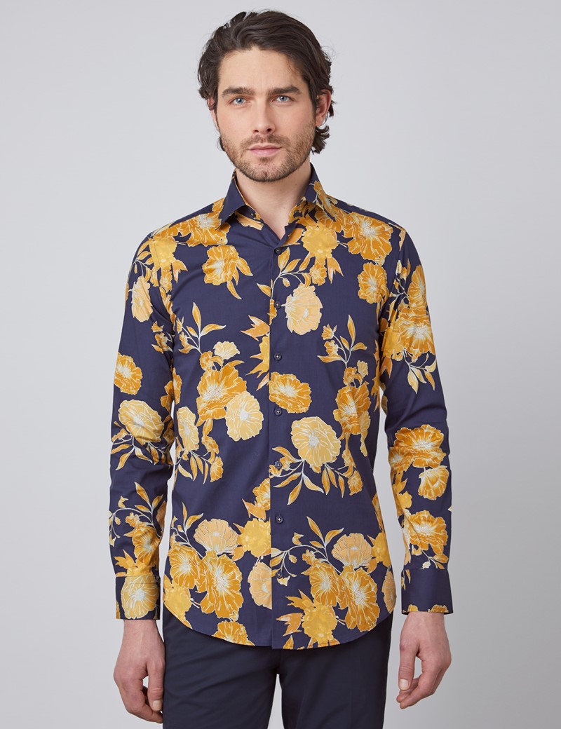 Men’s Curtis Navy & Yellow Floral Slim Fit Shirt - Single Cuff | Hawes ...