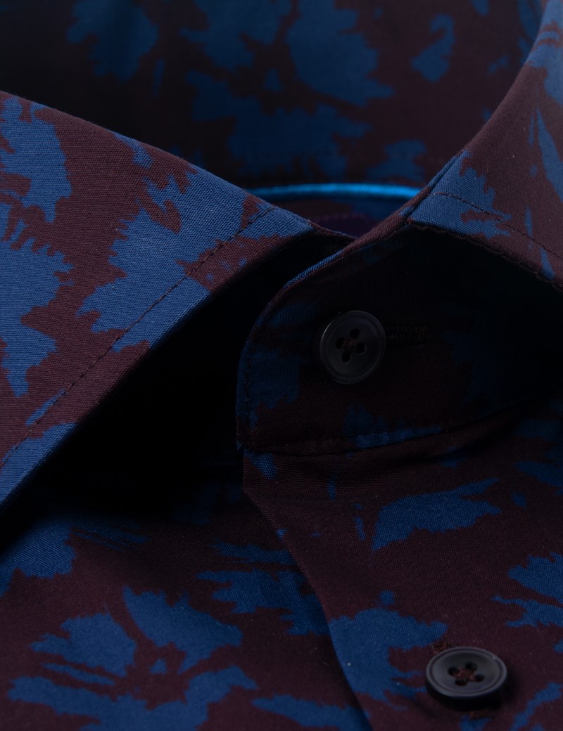 Men’s Curtis Wine & Blue Floral Piccadilly Stretch Slim Fit Shirt - Low Collar - Single Cuff