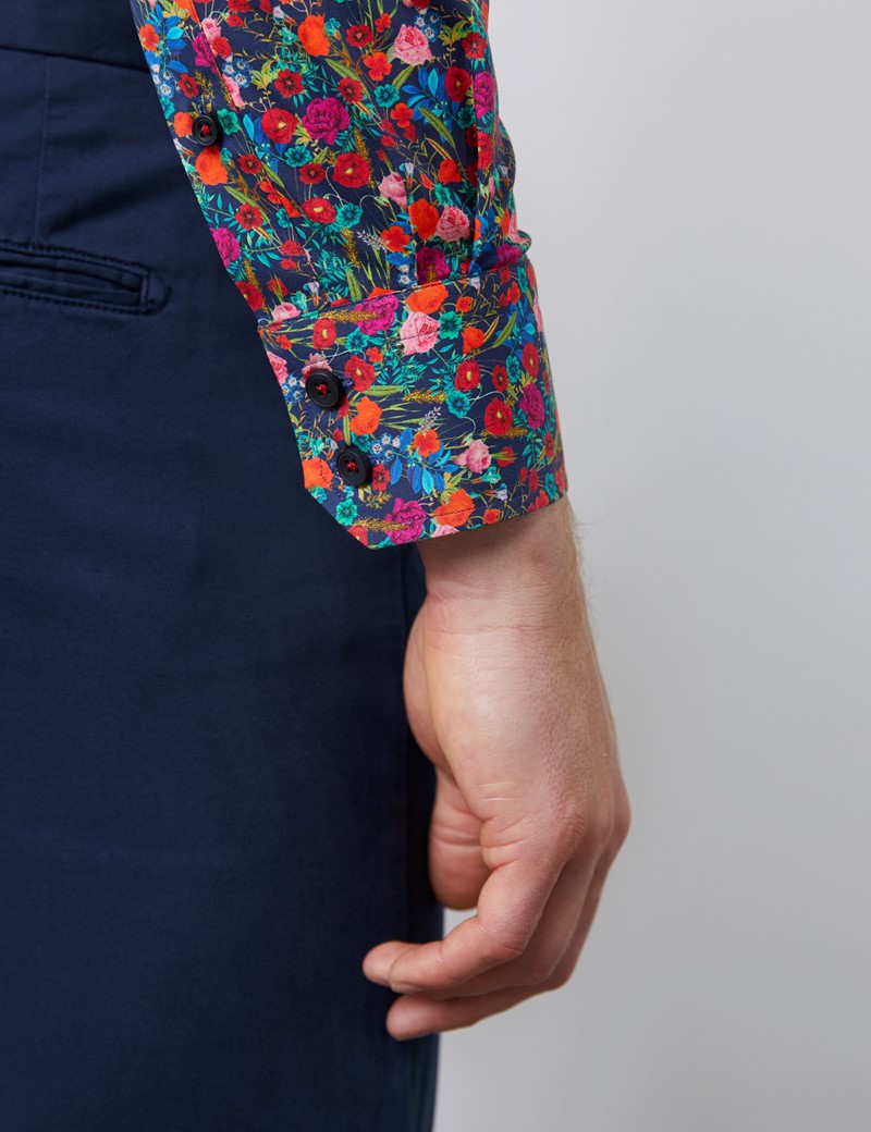 Men’s Curtis Navy & Orange Floral Stretch Slim Fit Shirt - Single Cuff