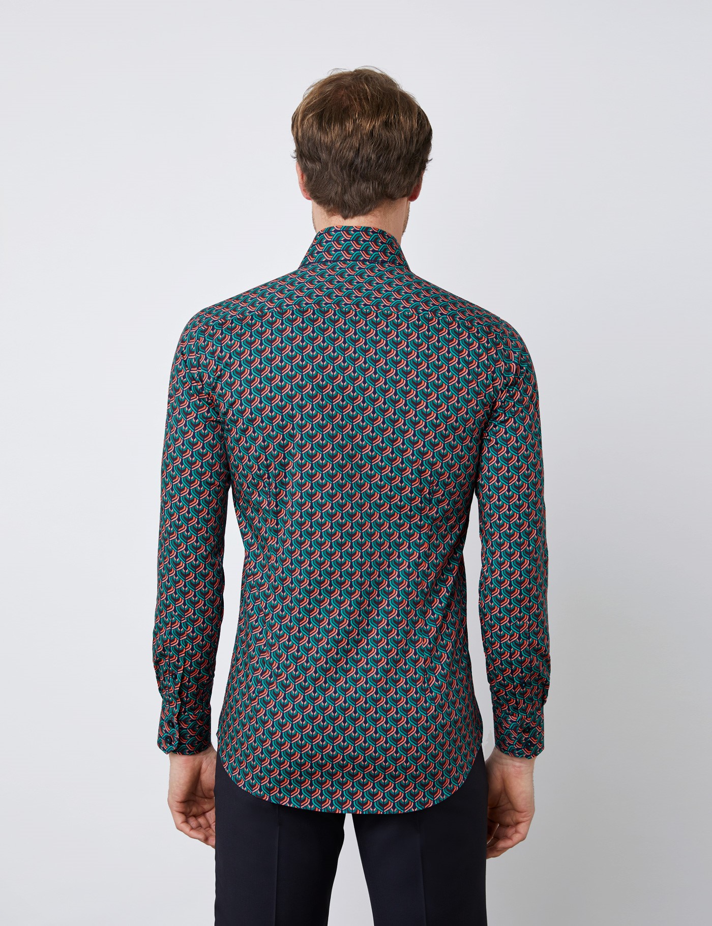 Men’s Curtis Feather Print Stretch Slim Fit Shirt in Navy & Turquoise ...