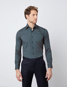 Men’s Curtis Navy & Turquoise Print Stretch Slim Fit Shirt - Single Cuff