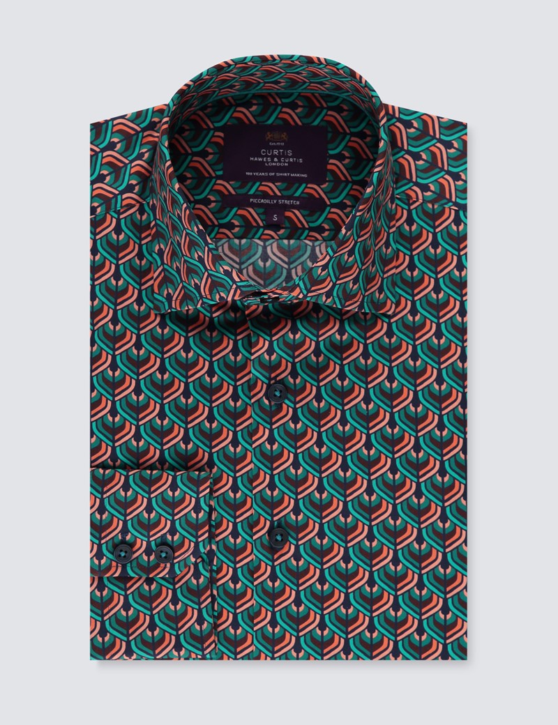 Men’s Curtis Navy & Turquoise Print Stretch Slim Fit Shirt - Single Cuff