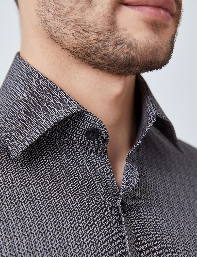 Men’s Curtis Black & White Geometric Print Stretch Slim Fit Shirt - Single Cuff
