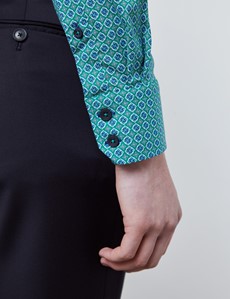 Men’s Curtis Green & Blue Geometric Print Stretch Slim Fit Shirt - Single Cuffs
