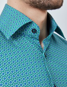 Men’s Curtis Green & Blue Geometric Print Stretch Slim Fit Shirt - Single Cuffs