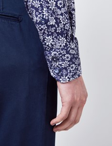 Men’s Curtis Navy & White Floral Print Stretch Slim Fit Shirt - Single Cuffs
