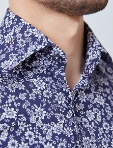 Men’s Curtis Navy & White Floral Print Stretch Slim Fit Shirt - Single Cuffs