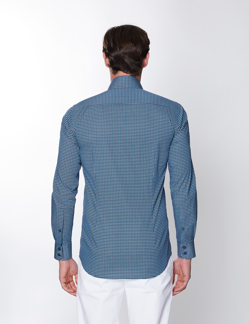 Men’s Curtis Navy & Turquoise Tartan Diamond Print Stretch Slim Fit Shirt - Low Collar