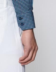 Men’s Curtis Navy & Turquoise Tartan Diamond Print Stretch Slim Fit Shirt - Low Collar