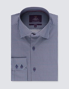 Men’s Curtis Navy & Plum Geometric Print Stretch Slim Fit Shirt - Single Cuffs