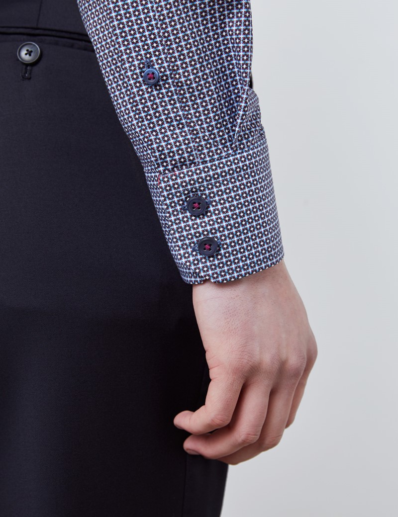 Men’s Curtis Navy & Plum Geometric Print Stretch Slim Fit Shirt - Single Cuffs