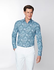 Men’s Curtis White & Blue Paisley Print Stretch Slim Fit Shirt - Low Collar