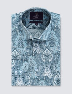 Men’s Curtis White & Blue Paisley Print Stretch Slim Fit Shirt - Low Collar