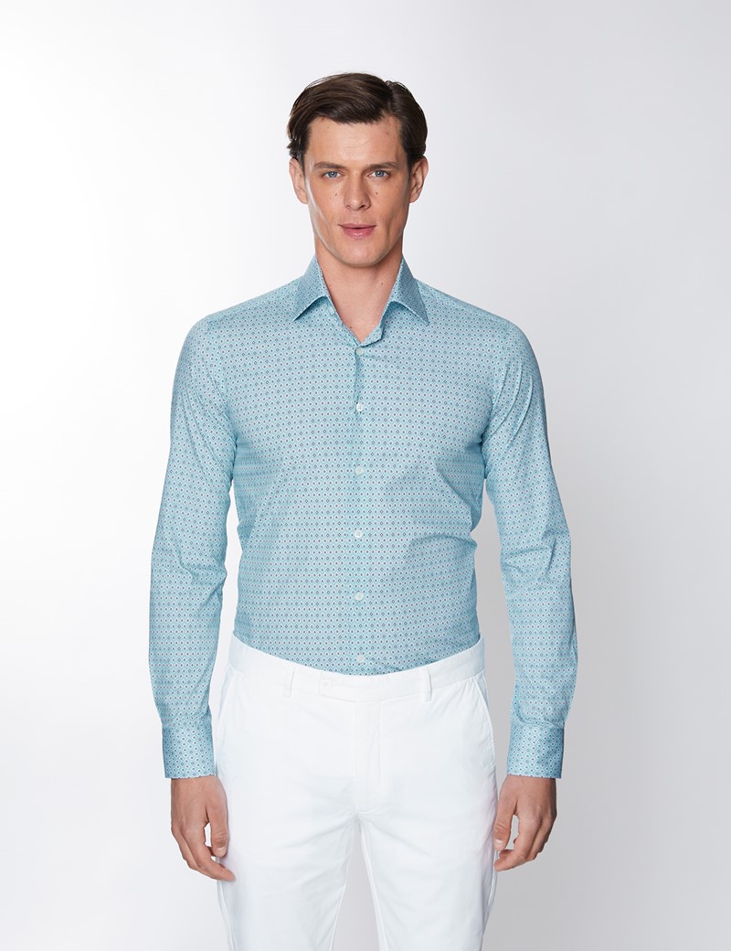 Men’s Curtis Light Blue & Green Geometric Print Stretch Slim Fit Shirt - Low Collar
