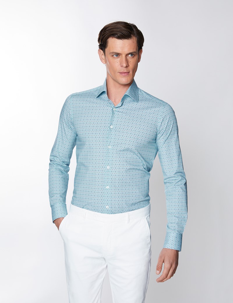 Men’s Curtis Light Blue & Green Geometric Print Stretch Slim Fit Shirt - Low Collar