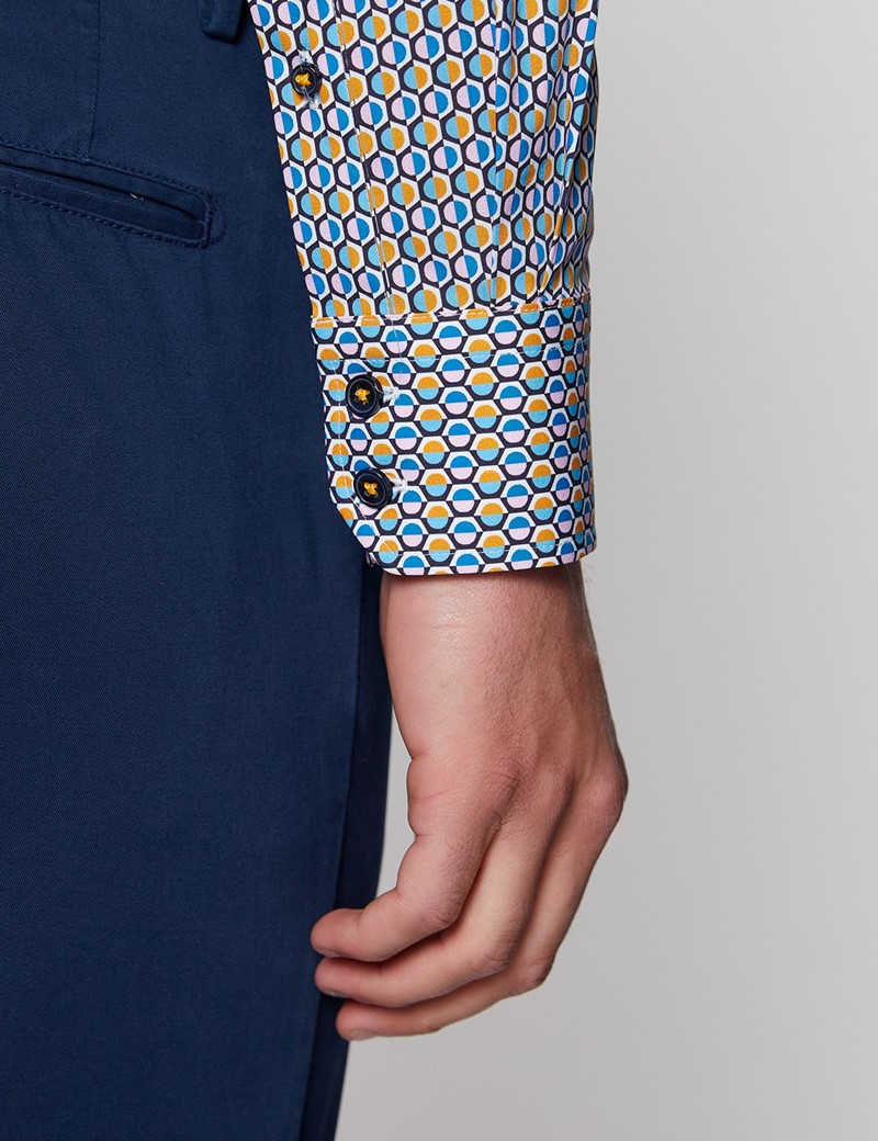Men’s Curtis Blue & Pink Geometric Print Stretch Slim Fit Shirt - Low Collar